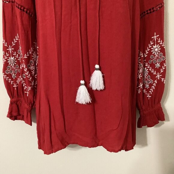 Sweet Magnolia Bohemian Boho Hippie Red Beaded Oversized Peasant Blouse Small - Picture 3 of 14